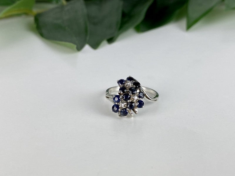 925 Sterling Silver Sapphire & CZ "Flowers" Ring Size 6.75