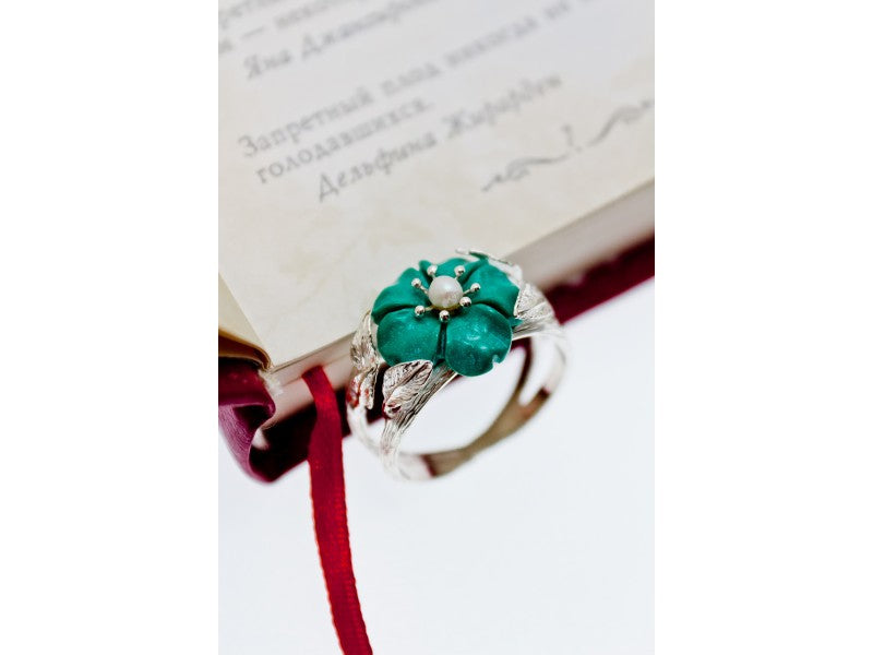 925 Sterling Silver Pearl & Enamel "Flower" Ring Size 10
