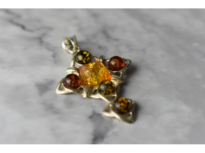 925 Sterling Silver Multicolor Amber Pendant