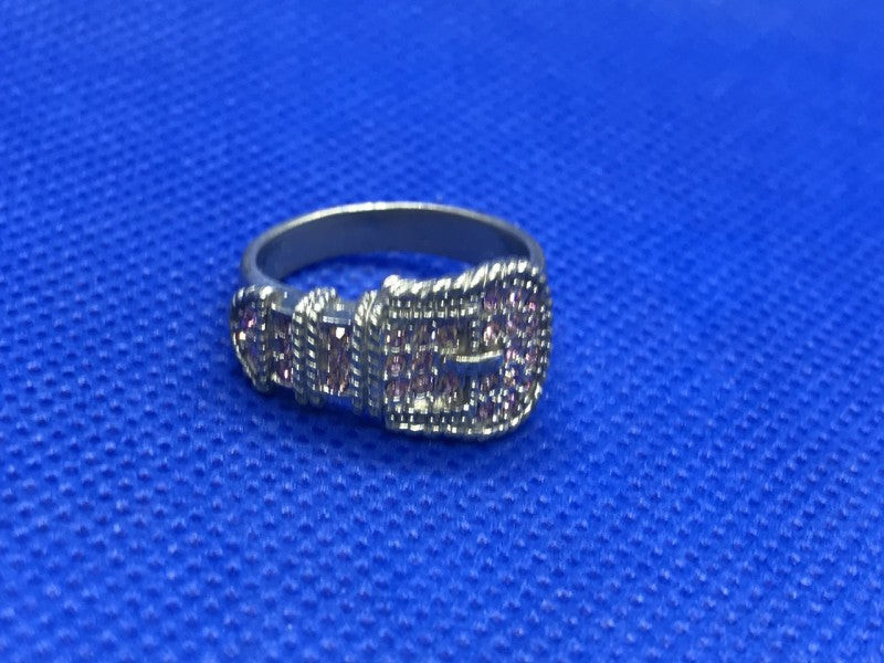 925 Sterling Silver Pink Quartz "Belt" Ring Size 8
