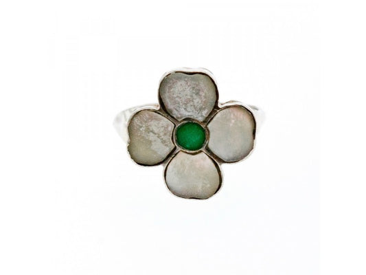 925 Sterling Silver Mother OF Pearl & Green Nephrite "Flower" Ring Size 6.5