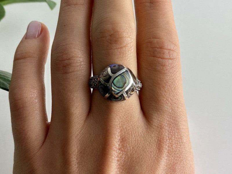 925 Sterling Silver Haliotis & Marcasites Ring Size 8.5