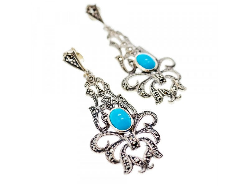 925 Sterling Silver Turquoise & Marcasites Earrings