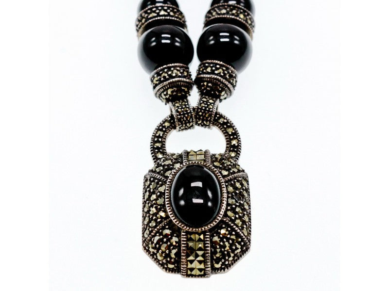 Vintage 925 Sterling Silver Black Jade and Marcasites Necklace