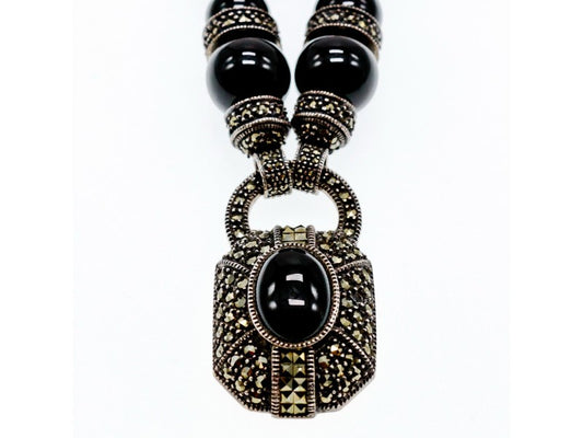 Vintage 925 Sterling Silver Black Jade and Marcasites Necklace