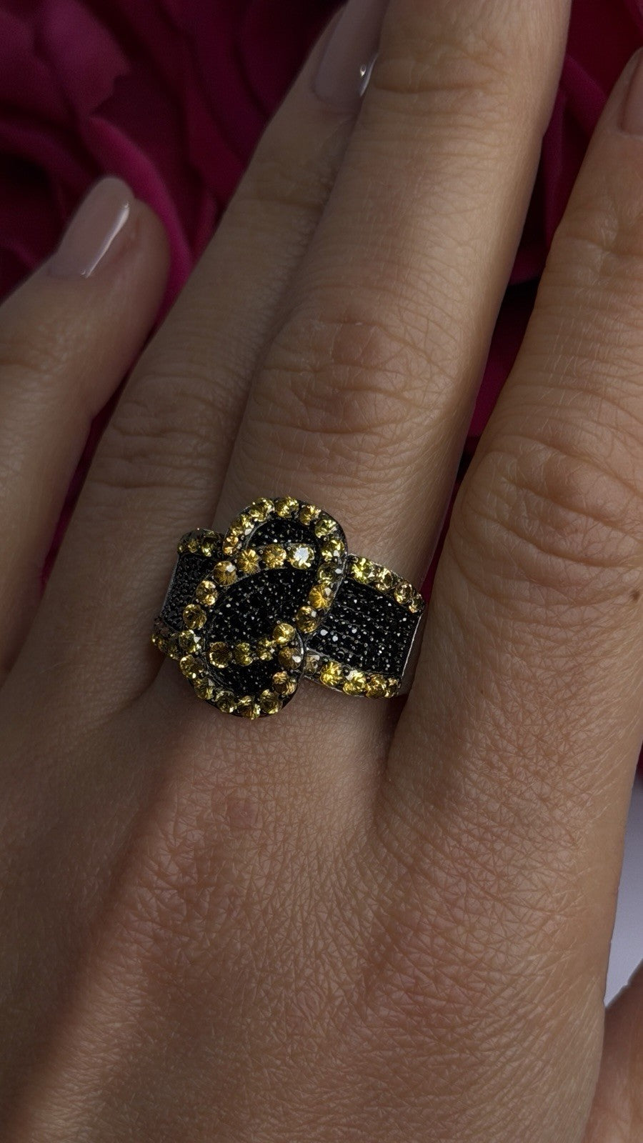 925 Sterling Silver Black Spinel & Yellow Sapphire Ring Size 10