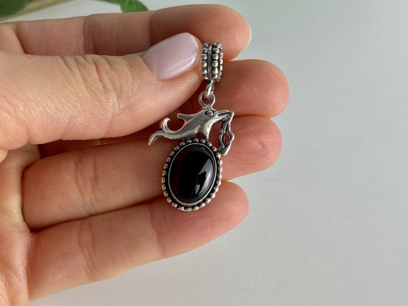 925 Sterling Silver Onyx Dolphin Pendant