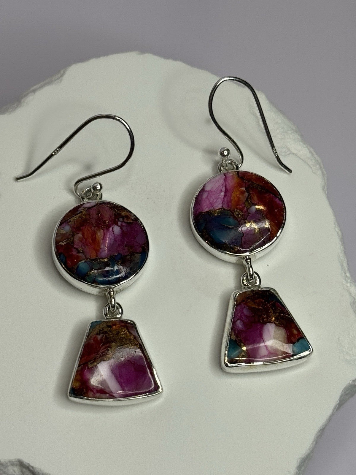 925 Sterling Silver Pink Oyster Turquoise Earrings Length 2 Inch