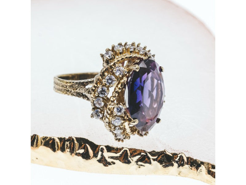 925 Sterling Silver Gold Plated Purple Spinel & CZ Ring Size 6