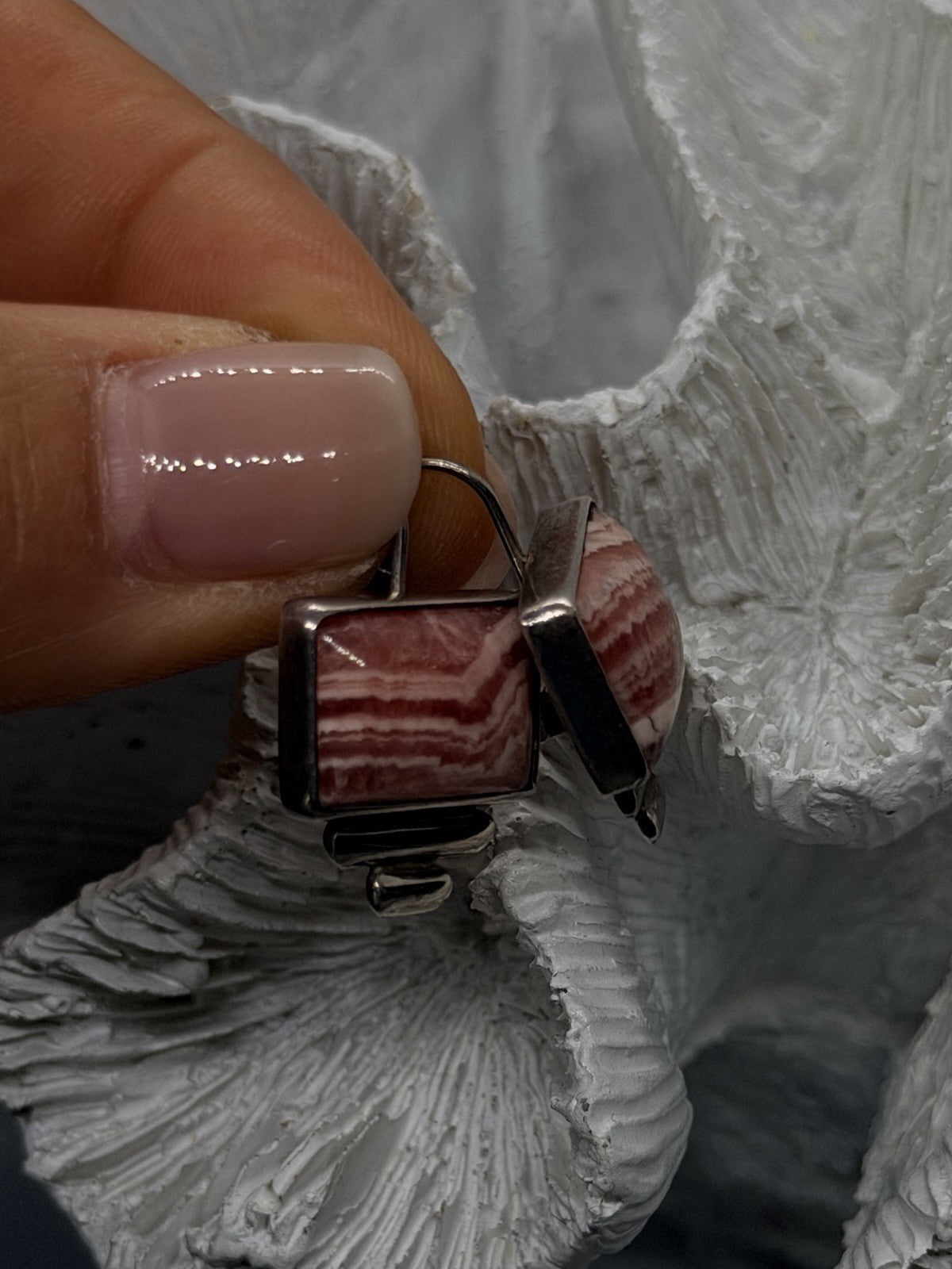 Southwestern Design 925 Sterling Silver Rhodochrosite Geometric Drop Earrings
