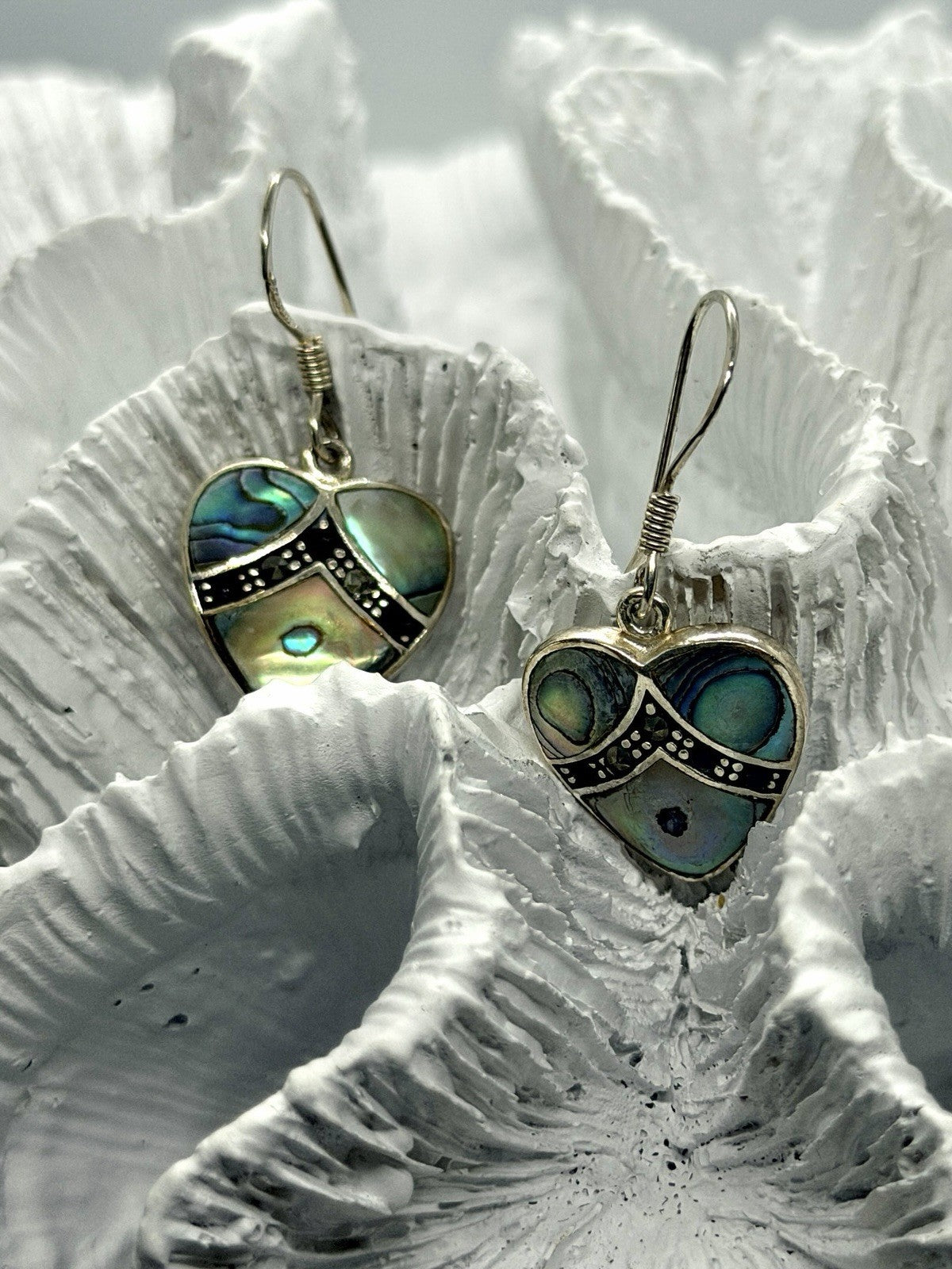 Vintage 925 Sterling Silver Abalone Shell heart Dangle Earrings