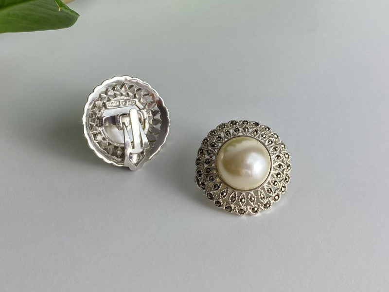Vintage 925 Sterling Silver Pearl & Marcasites Clip-On Earrings
