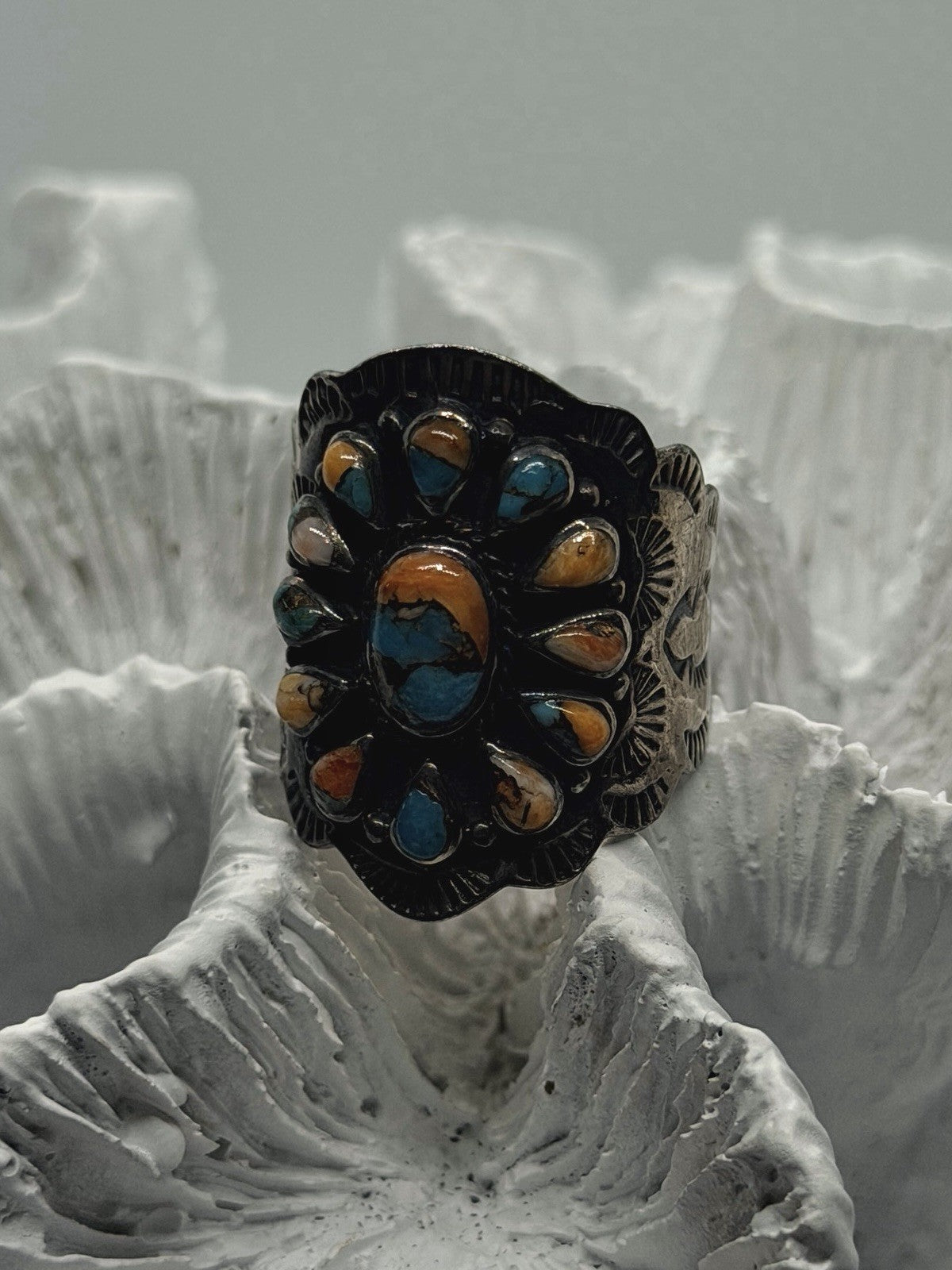 Southwestern Floral 925 Sterling Silver Turquoise Spiny Oyster Ring Size 8