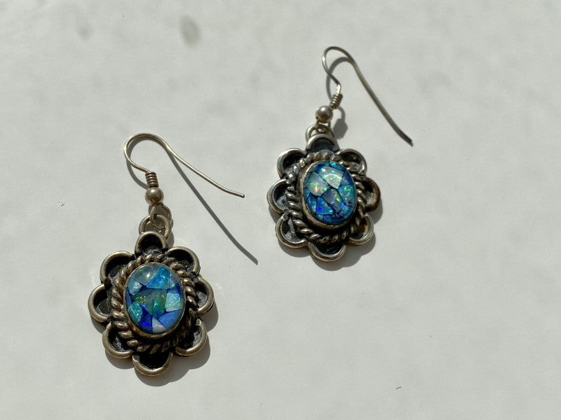 Vintage 925 Sterling Silver Mosaic Opal Earrings