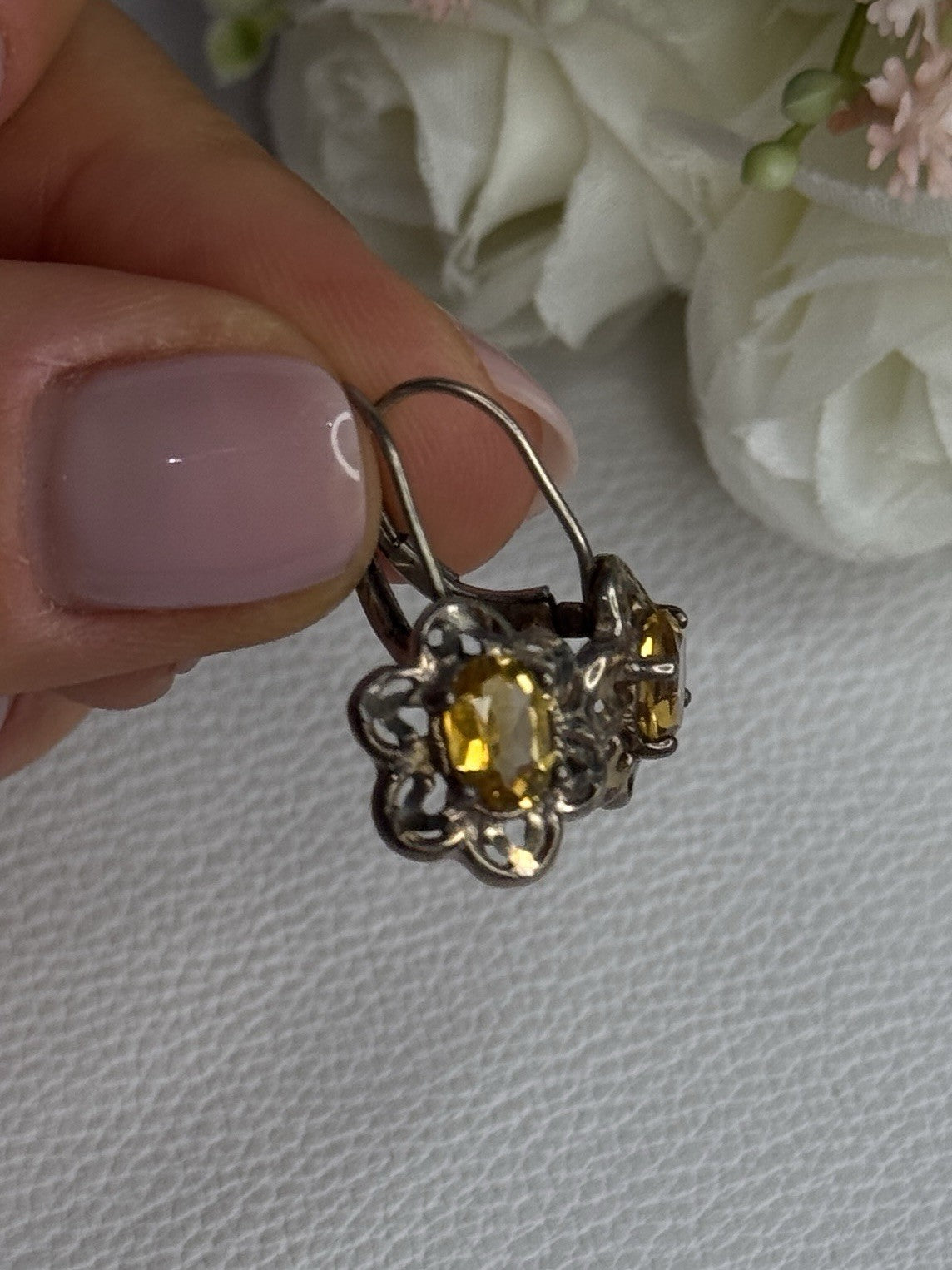 925 Sterling Silver Citrine Flower Earrings Length 1 Inch