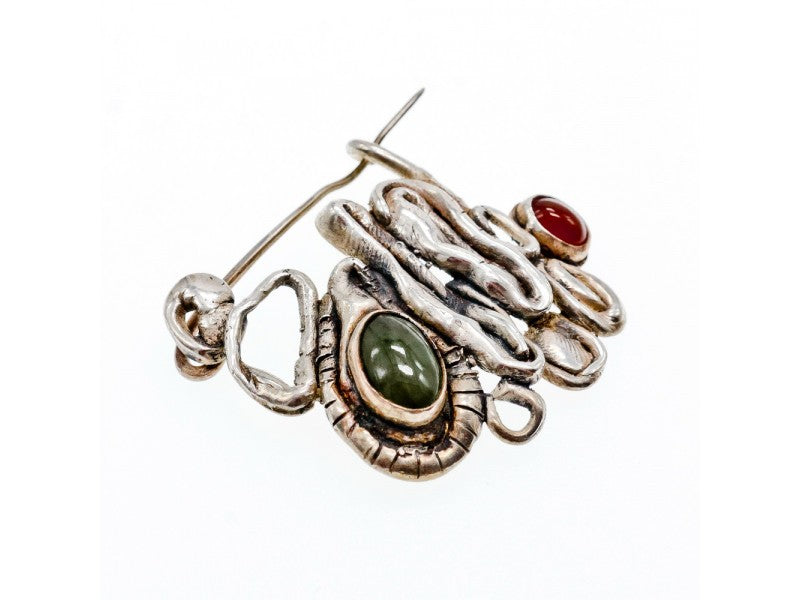 Vintage 925 Sterling  Silver Green  Jade & Red Carnelian Brooch