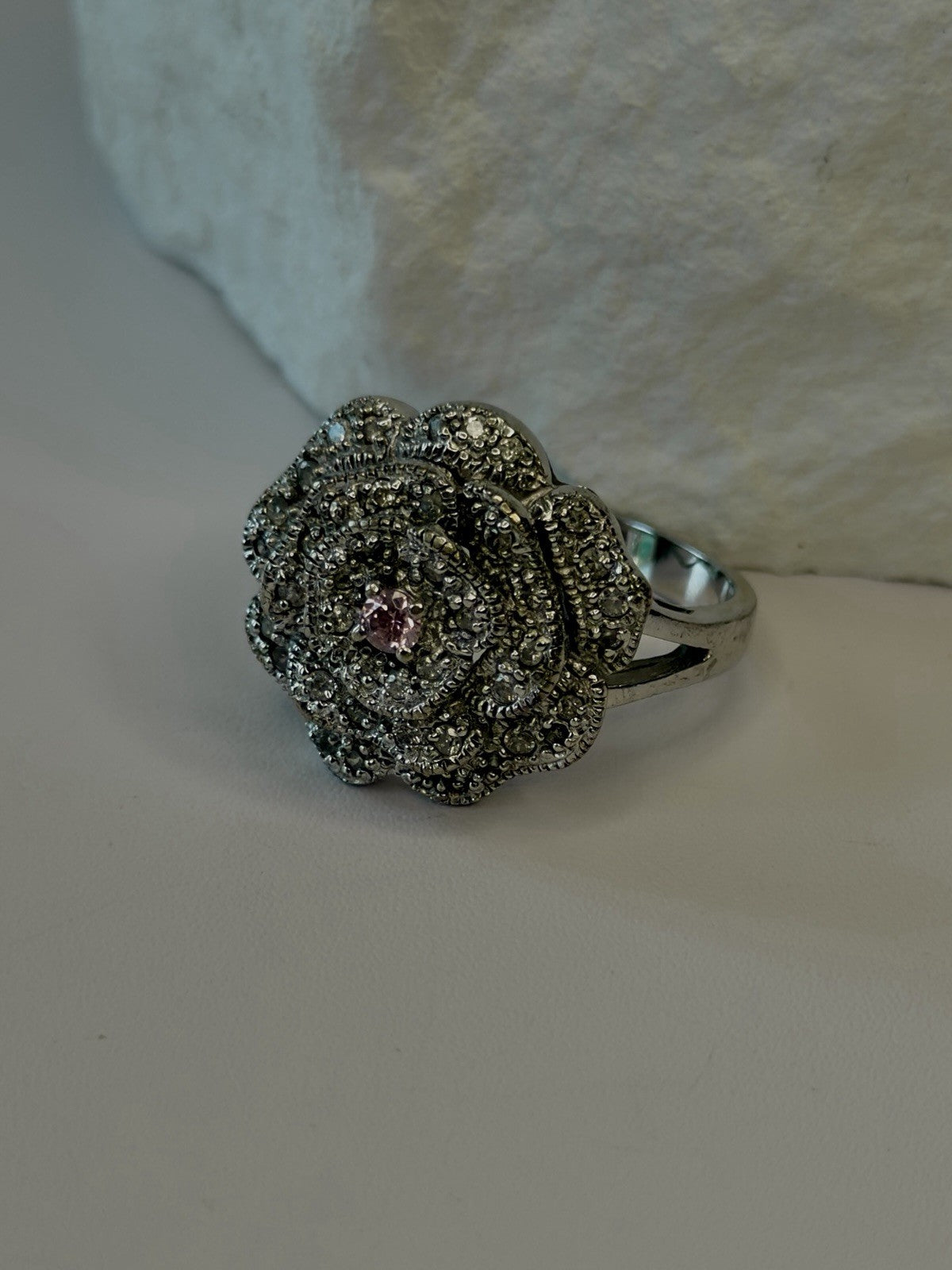 Sparkling Floral 925 Sterling Silver Pink & Clear Sapphire Stones Ring Size 11