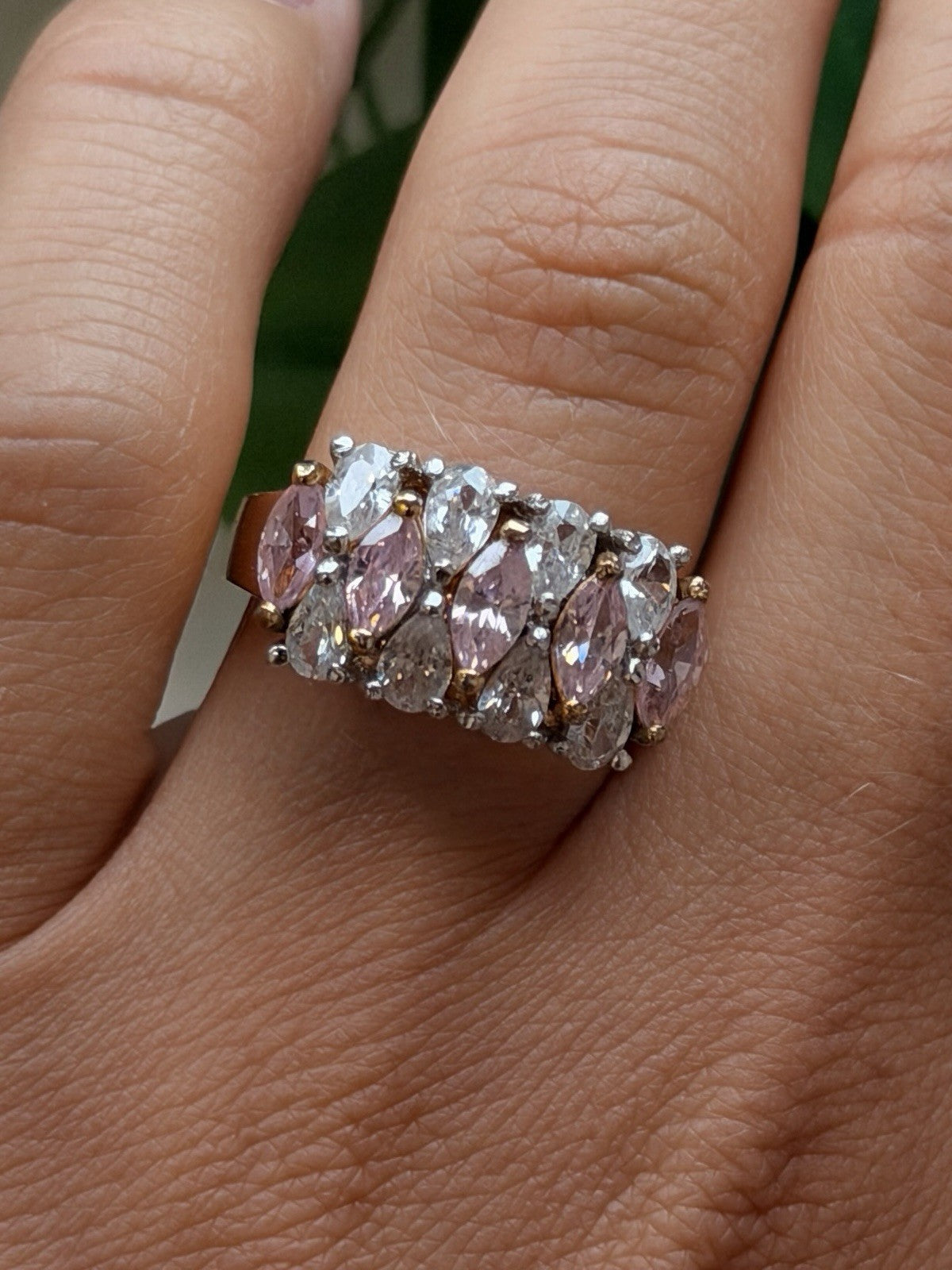 925 Sterling Silver Gold Plated Pink Morganite & White Clear Beryl Ring Size 8