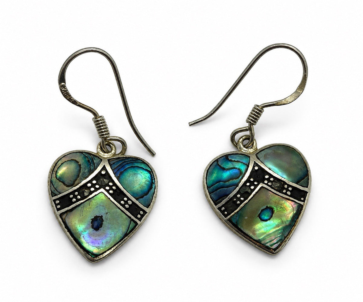 Vintage 925 Sterling Silver Abalone Shell heart Dangle Earrings