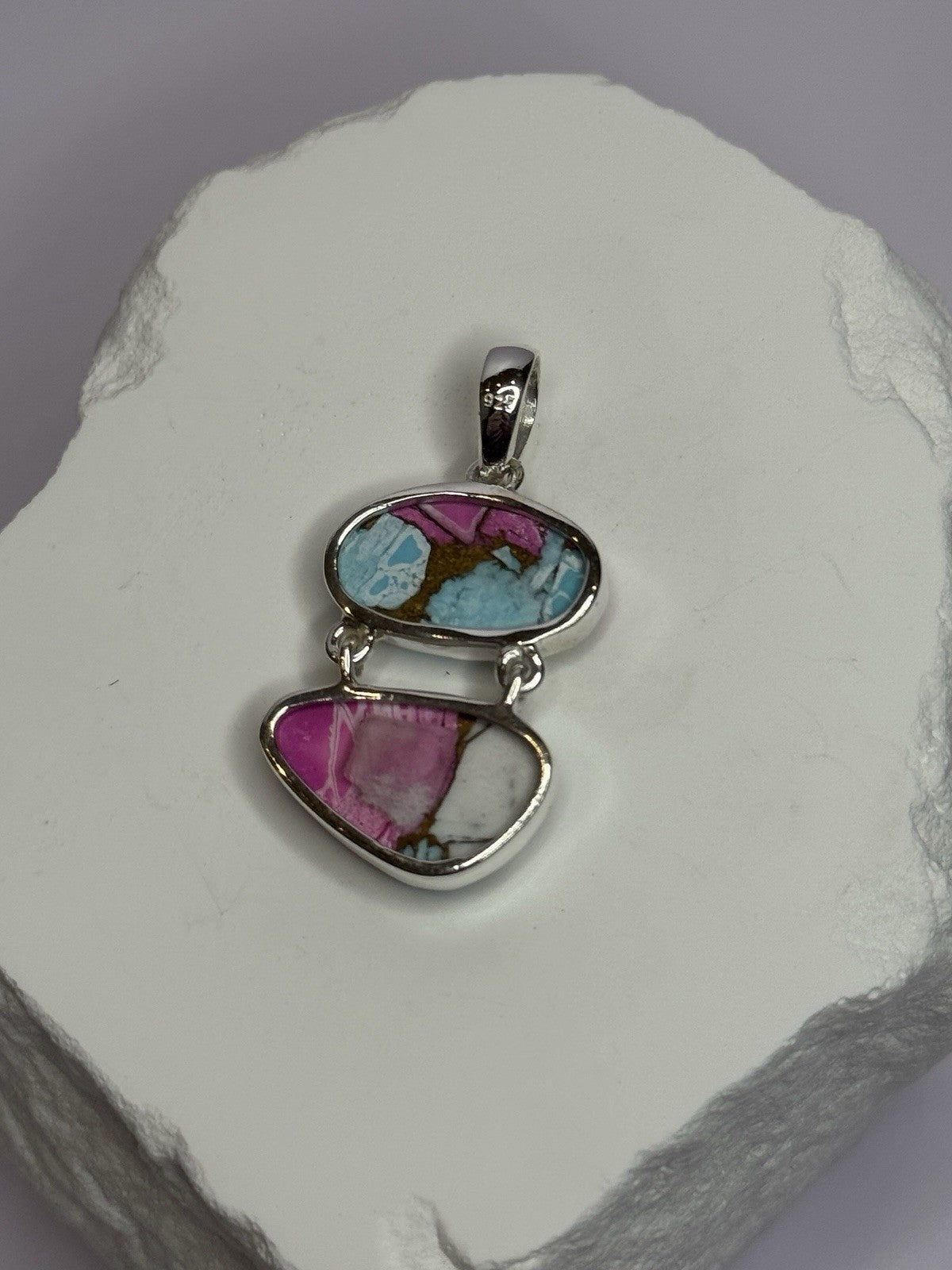 925 Sterling Silver Cotton Candy Turquoise Pendant Length 1.5 Inch