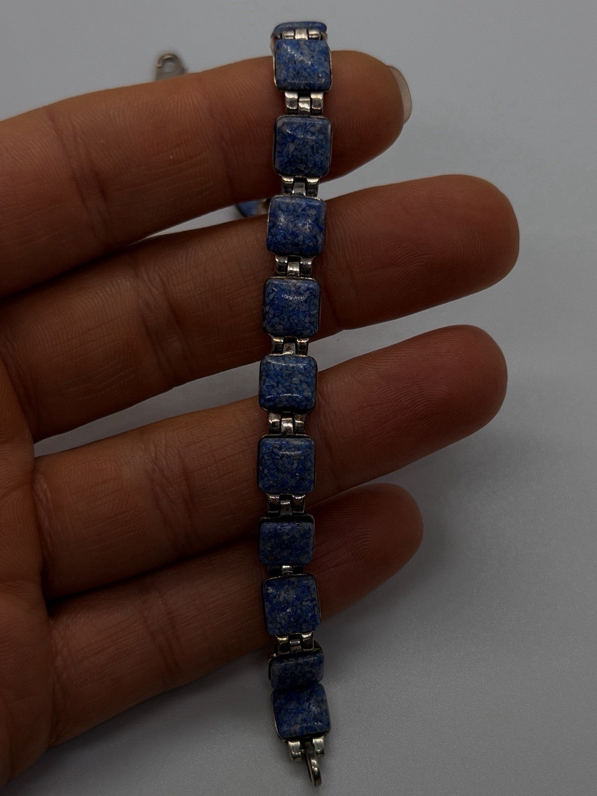 Geometric Southwestern 925 Sterling Silver Lapis Lazuli Square Link Bracelet 7.5