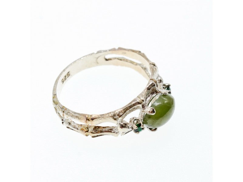 925 Sterling Silver Nephrite ( Jade ) & Emeralds Ring Size 8
