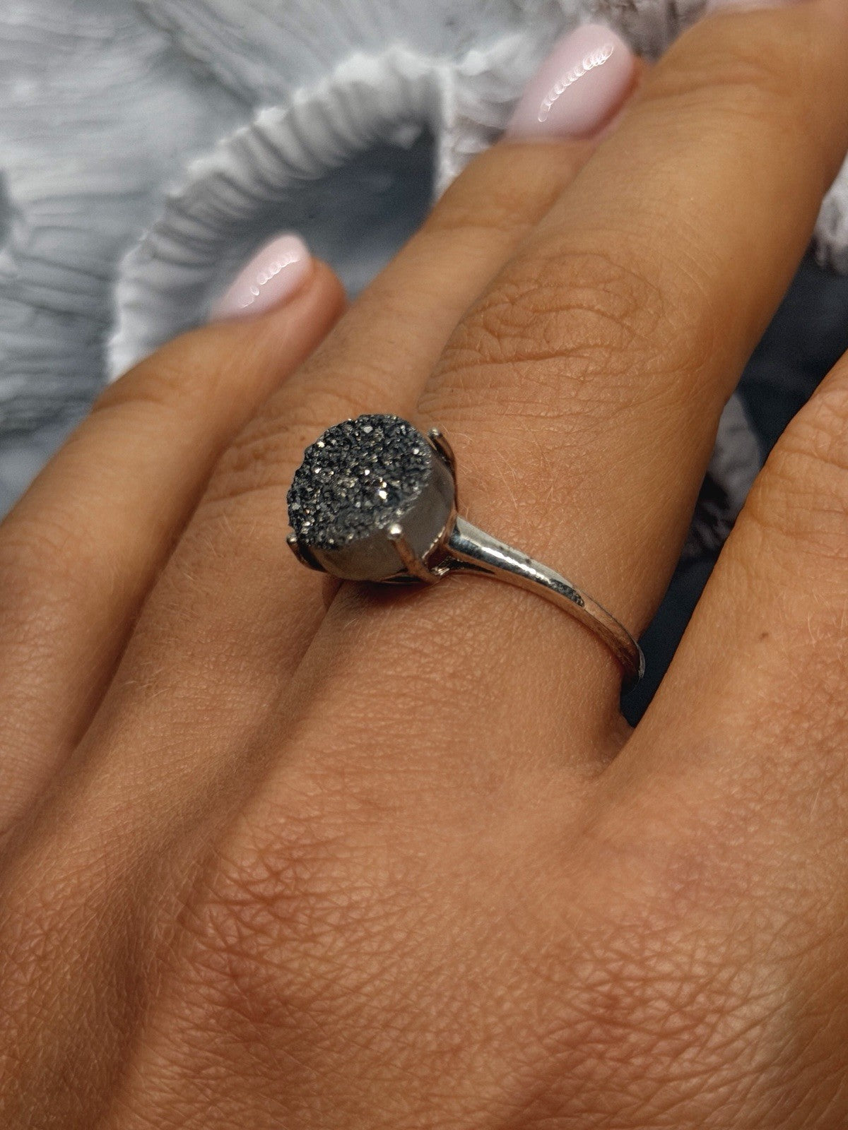 Vintage Sparkling 925 Sterling Silver Druzy Quartz Ring Size 9