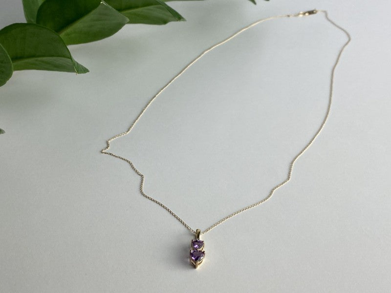 10K Yellow Gold Amethyst & Diamond Hearts Chain With Pendant