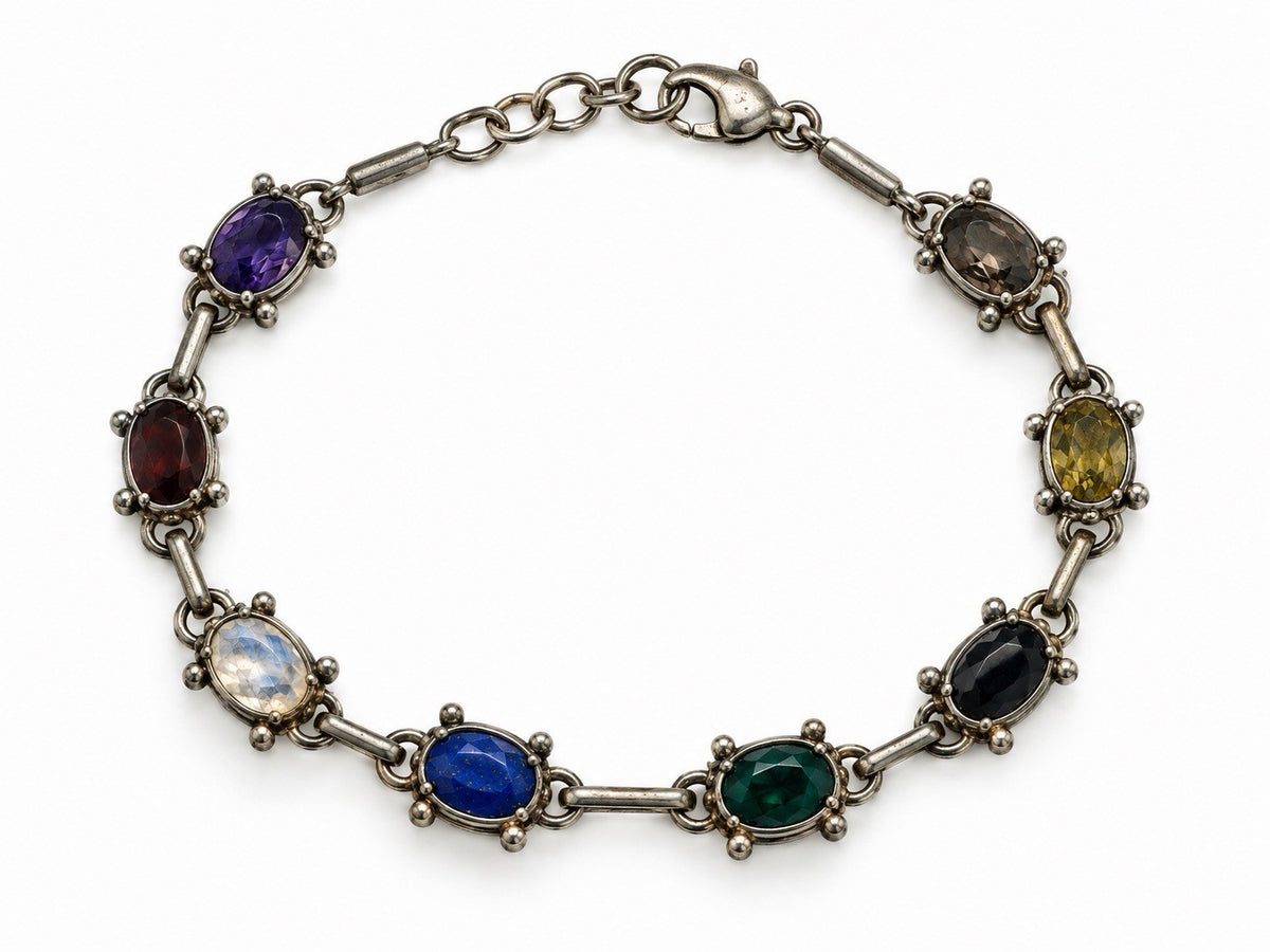 Vintage 925 Sterling Silver Multi-Gemstone Oval Link Bracelet Size 7