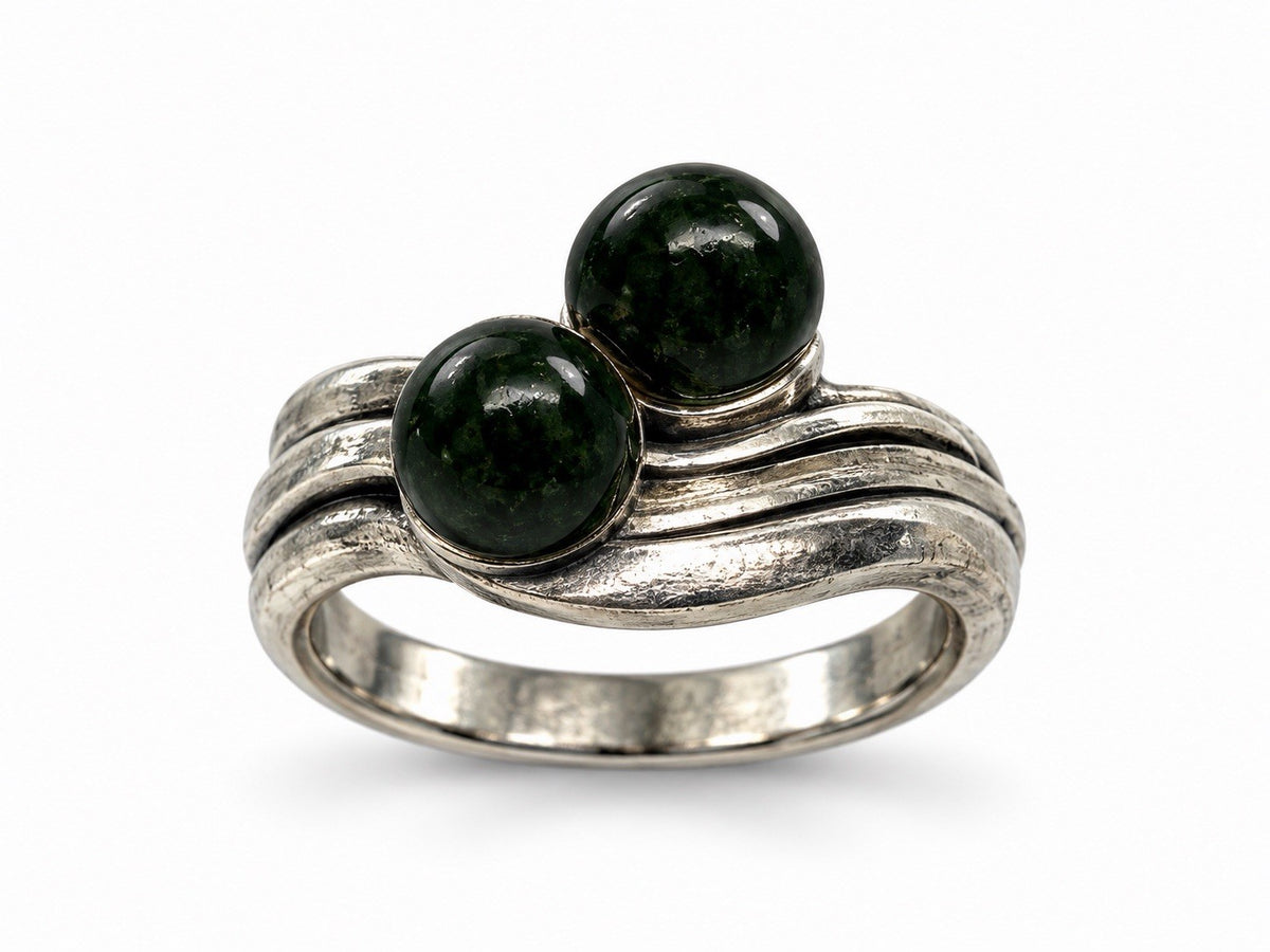 Vintage 925 Sterling Silver Double Green Jade Ring Size 6