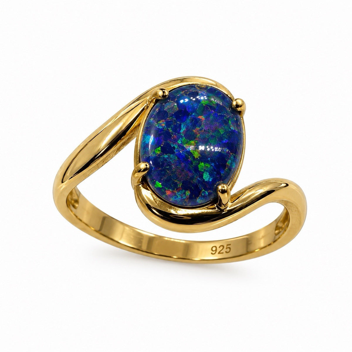 925 Sterling Silver Gold Plated Blue Opal Oval Ring Size 6