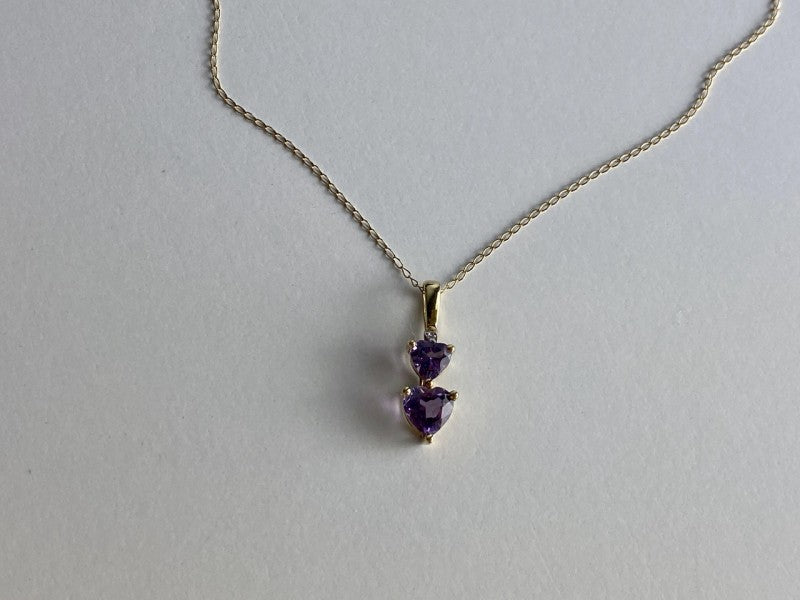 10K Yellow Gold Amethyst & Diamond Hearts Chain With Pendant