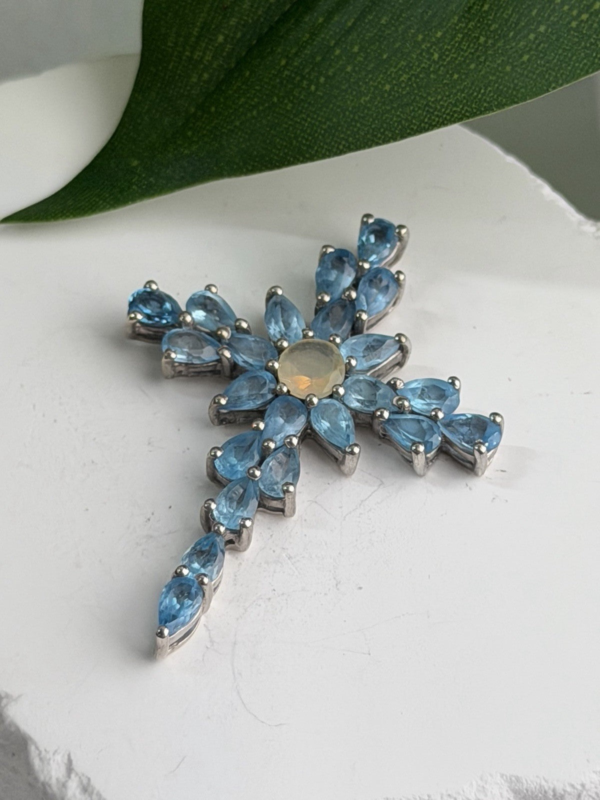 925 Sterling Silver Blue Topaz & Opal Pendant Cross