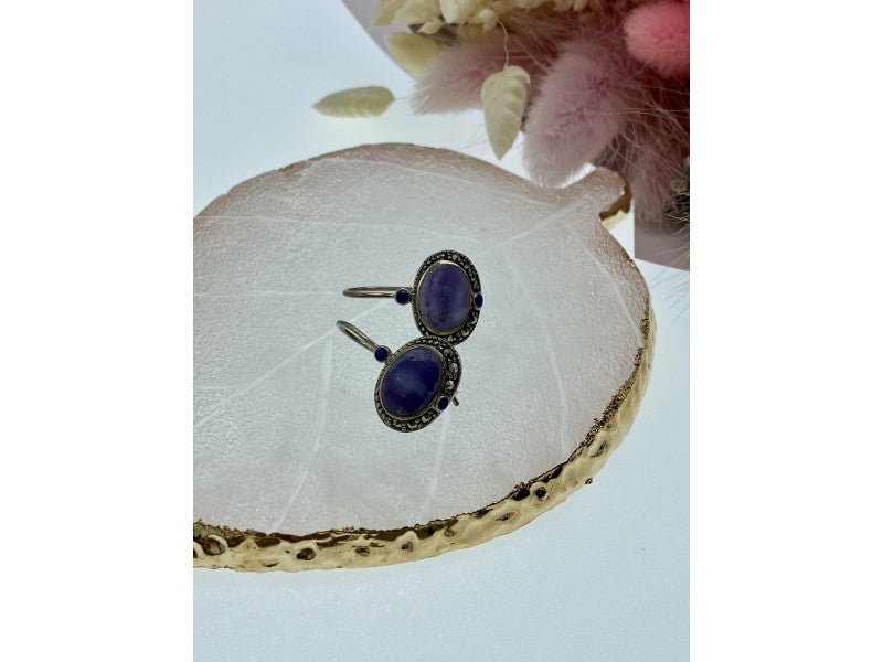 Vintage 925 Sterling Silver Agate & Marcasites Earrings