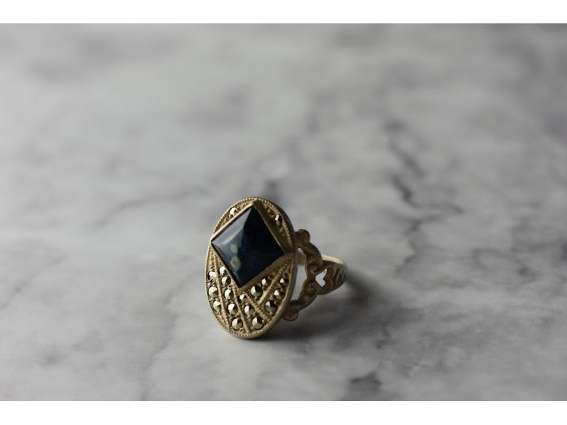 925 Sterling Silver Sodalite & Marcasites Ring Size 6