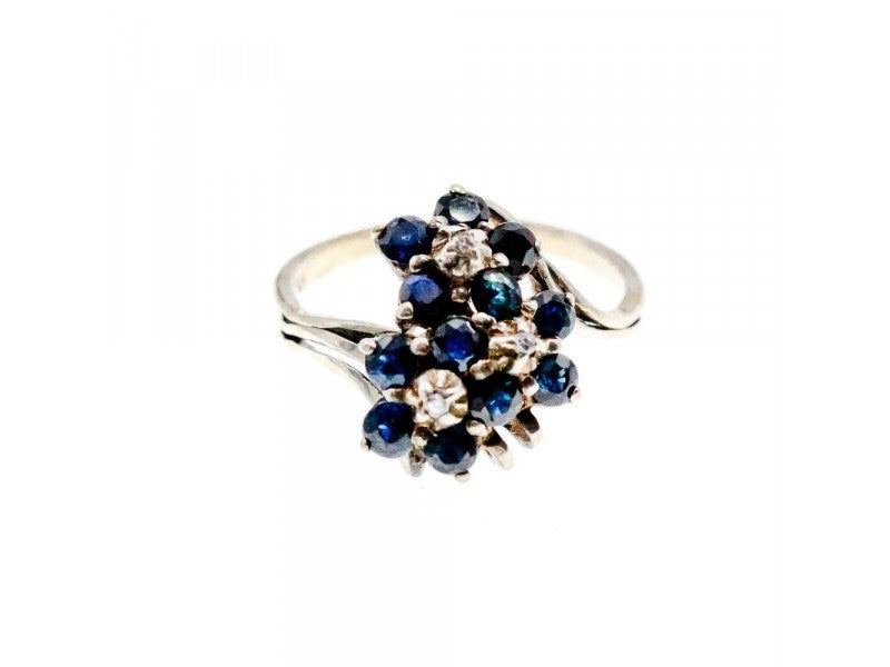 925 Sterling Silver Sapphire & CZ "Flowers" Ring Size 6.75