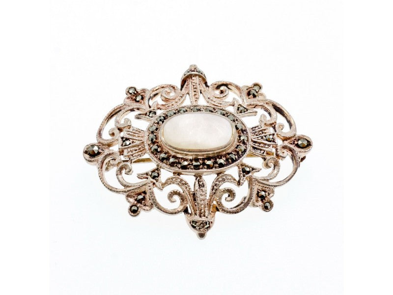 Vintage 925 Sterling Silver Mother of Pearl and Marcasites Brooch