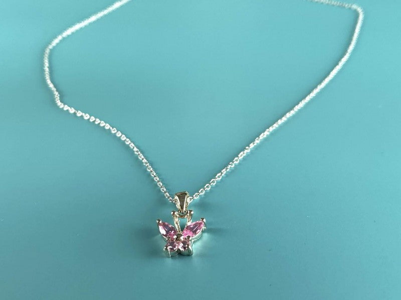 925 Sterling Silver Pink CZ "Butterfly" Chain With Pendant Italy