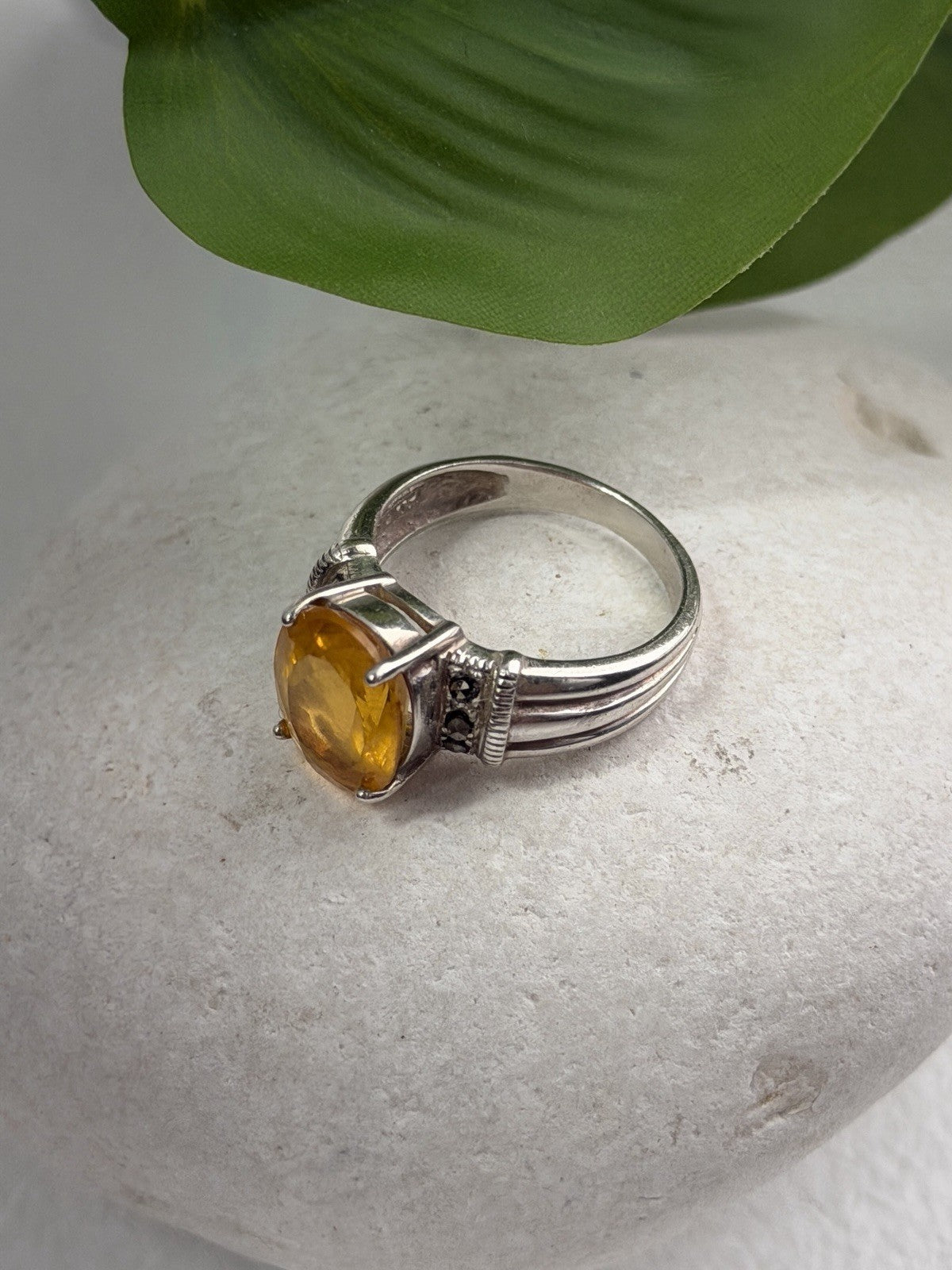 925 Sterling Silver Citrine & Marcasite Ring Size 8
