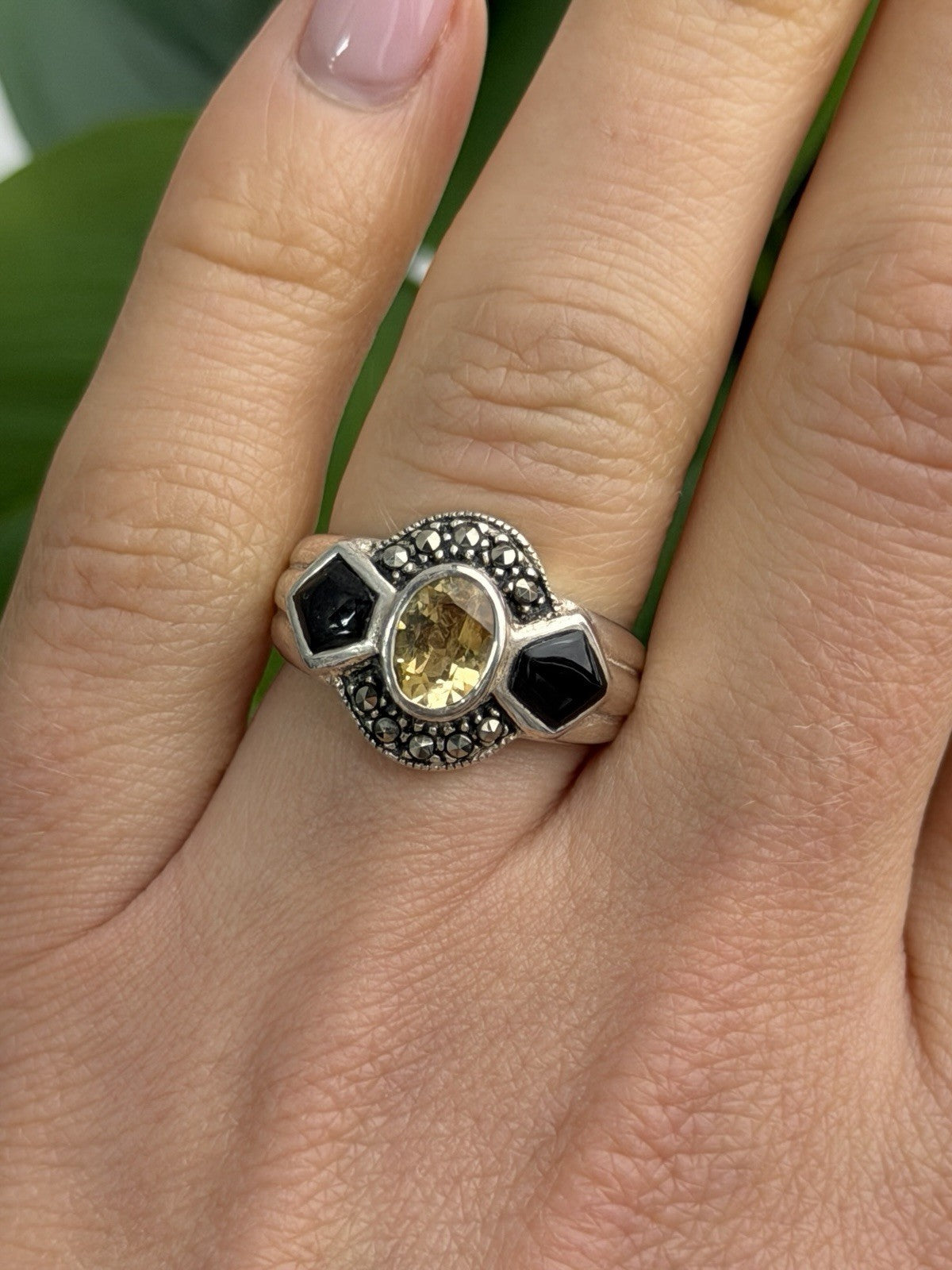 925 Sterling Silver Citrine & Onyx & Marcasite Ring Size 7