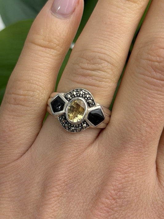 925 Sterling Silver Citrine & Onyx & Marcasite Ring Size 7