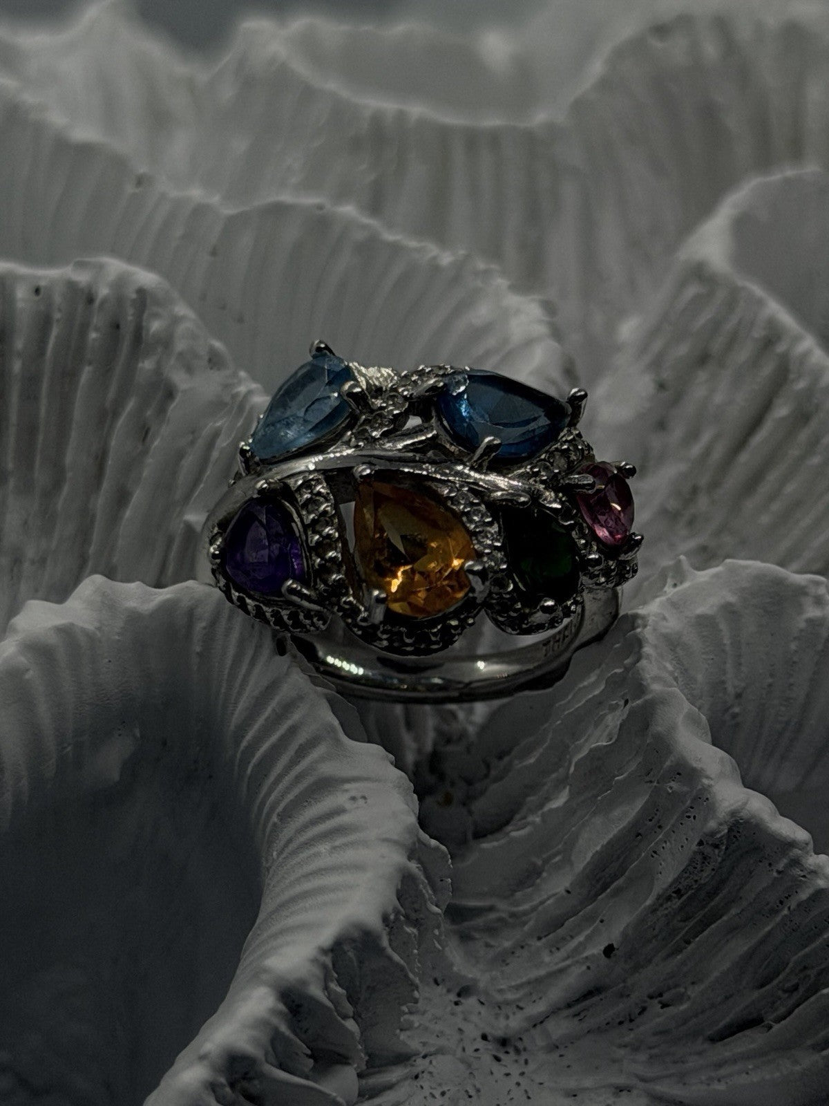 925 Sterling Silver Multi Color Tourmaline  Ring Size 6 Floral Design