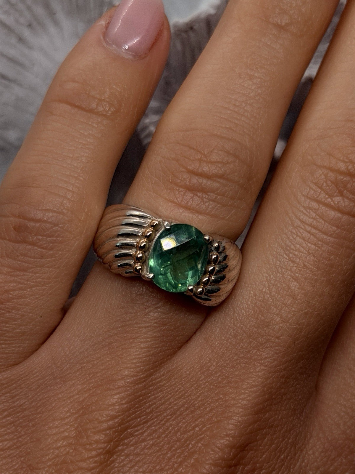 925 Sterling Silver & 14K Yellow Gold Accent Emerald Ring Size 7