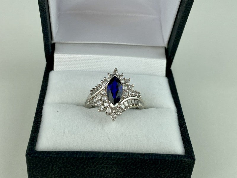 925 Sterling Silver Sapphire & CZ Ring Size 6.5