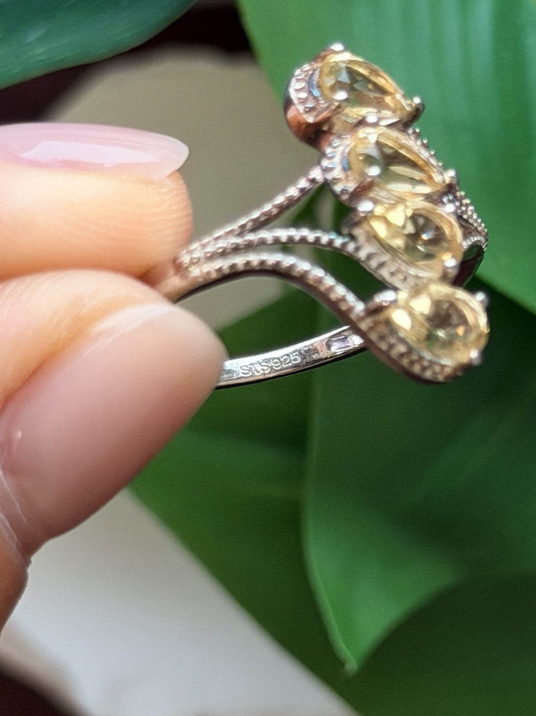 925 Sterling Silver Pear Cut 4 Stones Yellow Citrine Ring Size 10