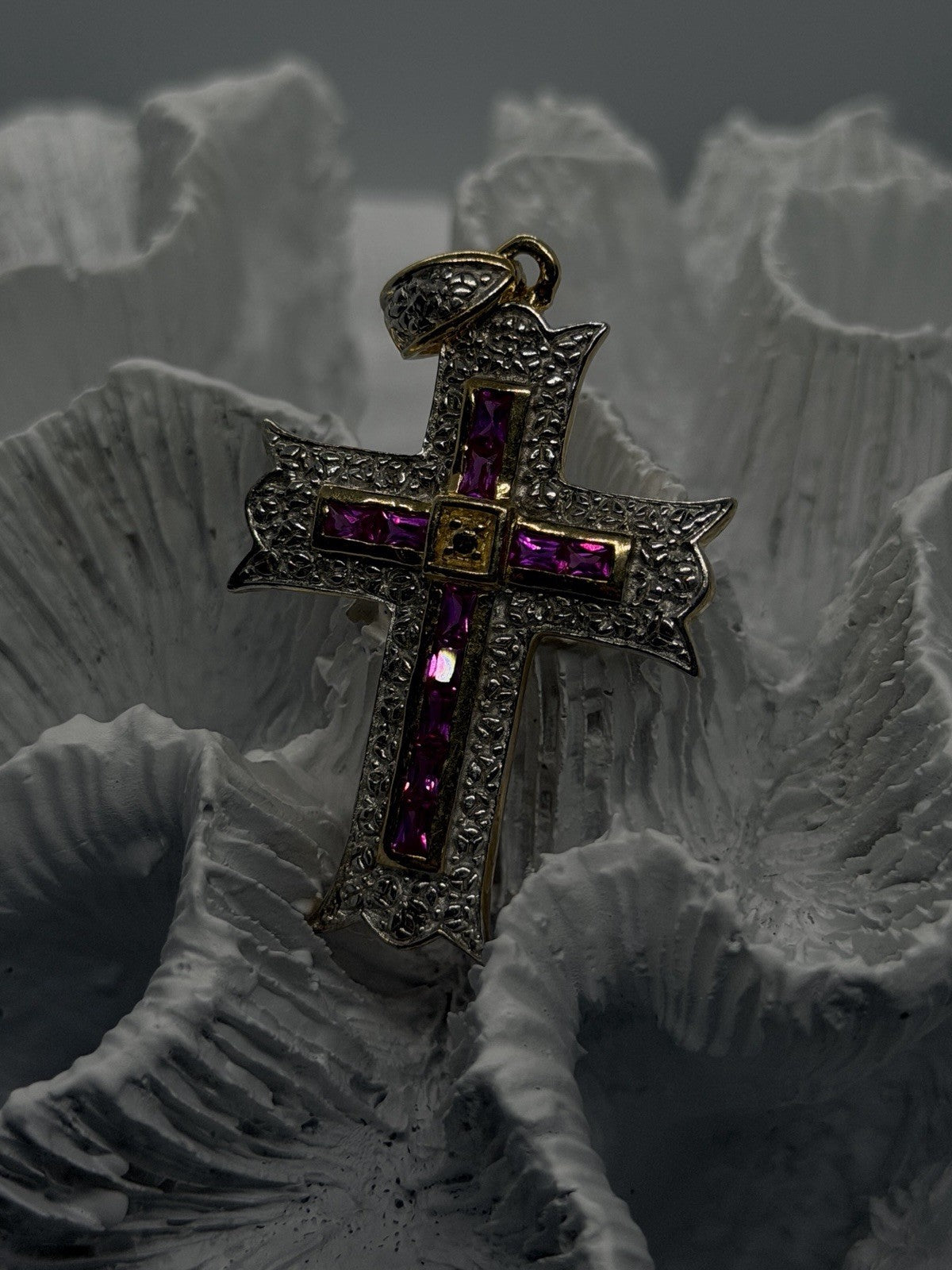 925 Sterling Silver Pink Sapphire Gold plated Cross Pendant