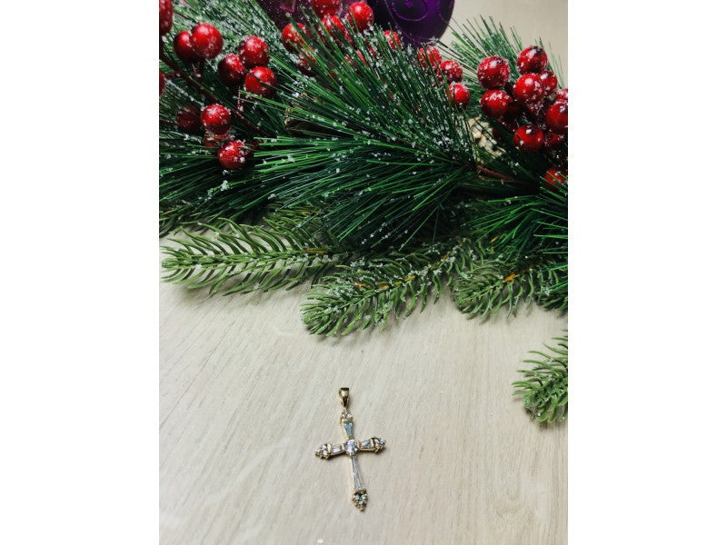 925 Sterling Silver Gold Plated Blue CZ Cross Pendant