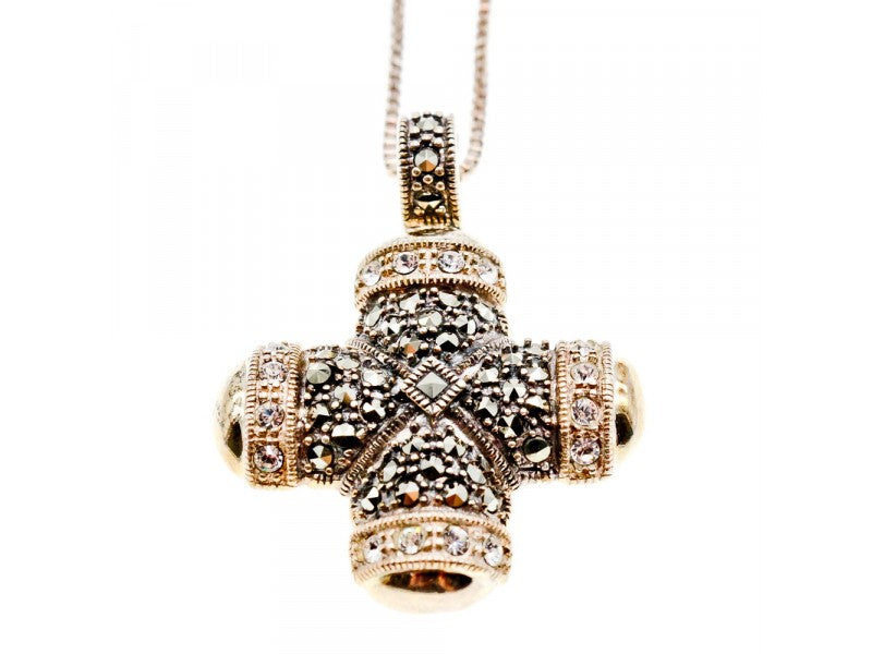 925 Sterling Silver CZ & Marcasites Chain With Cross