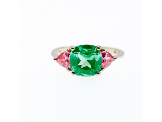 925 Sterling Silver Aquamarine & Pink Spinel Ring Size 11.75