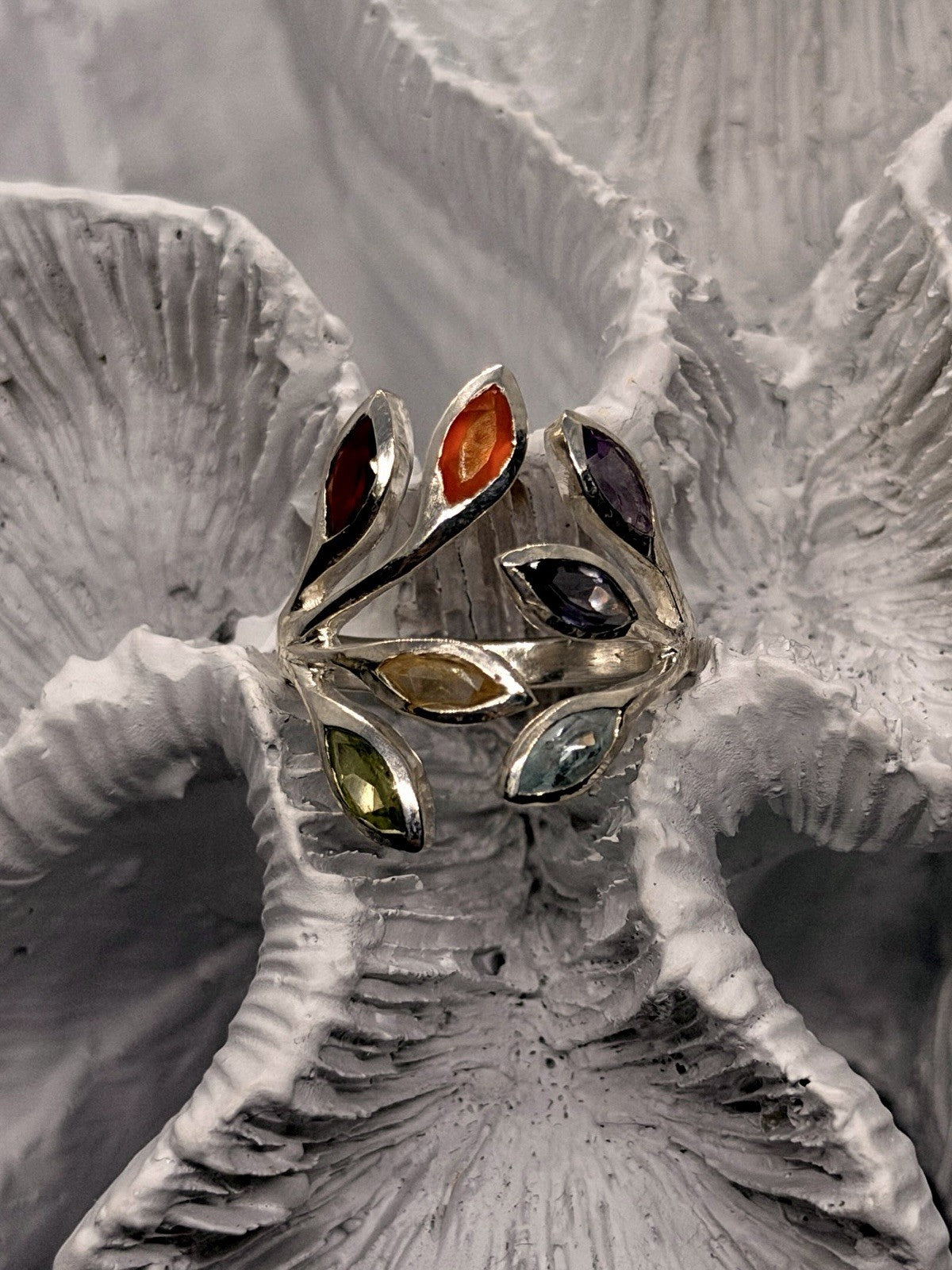 Adjustable 925 Sterling Silver Multi Color Stones Rainbow Ring